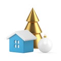 Traditional winter holiday bauble decor golden Christmas tree blue house hut ball toy 3d icon vector