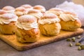 Traditional winter sweet: Semla semlor or fastlagsbulle flavored with cardamom, filled with almond paste & whipped cream