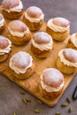 Traditional winter sweet: Semla semlor or fastlagsbulle flavored with cardamom, filled with almond paste & whipped cream