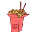 Traditional Wok noodles in takeout carton box with chopsticks. Asian food. doodle, contour drawing. Vector illustration