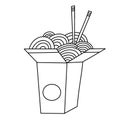 Traditional Wok noodles in takeout carton box with chopsticks. Asian food. outline doodle, contour drawing, coloring