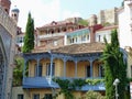 Traditional wood blue balcony to Tbilisi in Georgia.