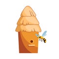 Traditional Wood Hive For Bees with bees around it. Illustration of a cartoon wooden beehive, for beekeeping agriculture