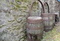 Traditional wood wine barrel at Ulster American Folk Park, Northern Ireland. Royalty Free Stock Photo