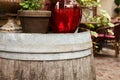 Traditional wooden barrel and different pots with plants outdoors Royalty Free Stock Photo