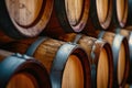 Traditional wooden barrels in vintage wine cellar Royalty Free Stock Photo