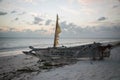 Traditional wooden boat Dhow on the beach of Zanzibar at dawn Royalty Free Stock Photo