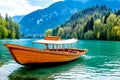 Traditional wooden boats, called Pletna, in Bled Lake.