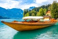 Traditional wooden boats, called Pletna, in Bled Lake.