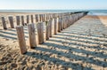 Traditional wooden breakwater on an empty Dutch beach