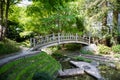 Traditional wooden bridge on a japanese garden pond Royalty Free Stock Photo