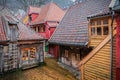 Traditional wooden buildings on a rainy day, Bryggen, Bergen, Norway. Royalty Free Stock Photo