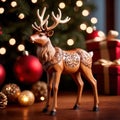 Traditional wooden carved reindeer, festive Christmas ornament