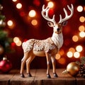 Traditional wooden carved reindeer, festive Christmas ornament
