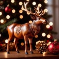 Traditional wooden carved reindeer, festive Christmas ornament