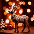 Traditional wooden carved reindeer, festive Christmas ornament