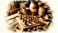 Traditional Wooden Chess Set and Dice on Rustic Background