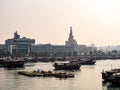 Wooden dhow boats moored in the bay in Doha Qatar captured at sunset Royalty Free Stock Photo