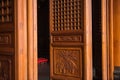 Traditional wooden doors with artistic carving design at jing`an temple.