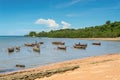 Traditional wooden dugout rowing outrigger canoes on Nosy Be isl