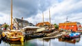 Fishing Boats moored in the harbor of Bunschoten-Spakenburg in Royalty Free Stock Photo