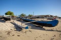 Traditional wooden fishing boats on the tropical beach of Anakao, Tulear, Madagascar. Ocean view with sandy beach Royalty Free Stock Photo