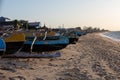 Traditional wooden fishing boats on the tropical beach of Anakao, Tulear, Madagascar. Ocean view with sandy beach Royalty Free Stock Photo