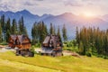 Traditional wooden house in the mountains on a green field Mount Royalty Free Stock Photo