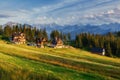 Traditional wooden house in the mountains on a green field Mount Royalty Free Stock Photo