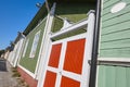 Traditional wooden houses facade in Rauma town. Finland heritage