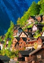 Traditional wooden houses on the mountain slope in Hallstatt, Au