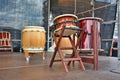 Traditional wooden Japanese Taiko drums with `Hirado` and `Okedo` drum