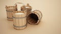 Traditional wooden milk buckets on brown background. 3D illustration