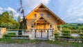 Traditional wooden mountain house built from wood logs on summer Royalty Free Stock Photo