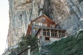 Ebenalp, Appenzell, Switzerland - September 27, 2018: famous mountain inn Aescher-Wildkirchli at the Ebenalp cliffs
