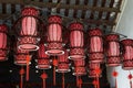 Traditional wooden red lantern chandelier in ancient Chinese building Royalty Free Stock Photo