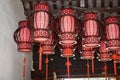 Traditional wooden red lantern chandelier in ancient Chinese building Royalty Free Stock Photo