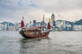 Traditional wooden sailboat sailing in victoria harbor. Hong Kong, China Royalty Free Stock Photo