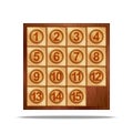 Traditional wooden sliding puzzle or 15 puzzle game realistic 3d vector with numbered tiles from one to fifteen, emphasizing