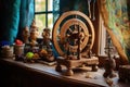 traditional wooden spinning wheel with silk threads