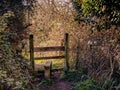 Traditional wooden Stile in Devon country lane. Royalty Free Stock Photo