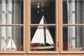 Traditional Wooden Window With Model Boats. Vintage Background