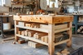 Traditional Woodworking Bench with Tools in a Carpenter\'s Workshop Surrounded by Woodworking Equipment Royalty Free Stock Photo