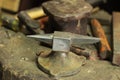 traditional worn and well used fine silversmiths tools on a craftsmans work bench in a work shop, Northern Thailand Royalty Free Stock Photo