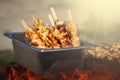 Traditional yakitori chicken stand in Japan at street food vendor market, grilled satay. Japanese Food Royalty Free Stock Photo