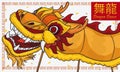 Traditional Yellow Chinese Dragon Dance with Confetti for New Year, Vector Illustration