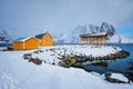 Rorbu house and drying flakes for stockfish cod fish in winter. Lofoten islands, Norway Royalty Free Stock Photo