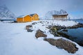 Rorbu house and drying flakes for stockfish cod fish in winter. Lofoten islands, Norway Royalty Free Stock Photo