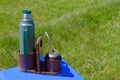 Traditional yerba mate tea beverage in calabash, bombilla and thermos at Criolla Festival in Uruguay