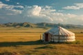 A traditional yurt stands proudly in a vast open field, with towering mountains serving as a breathtaking backdrop, A traditional